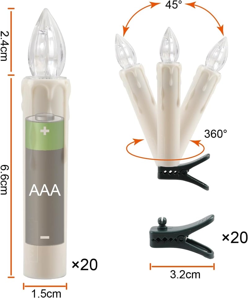 da LIGHT LED gyertyák távirányítóval, 20 db, dimmelhető, időzítő, meleg fehér, karácsonyfa dekoráció