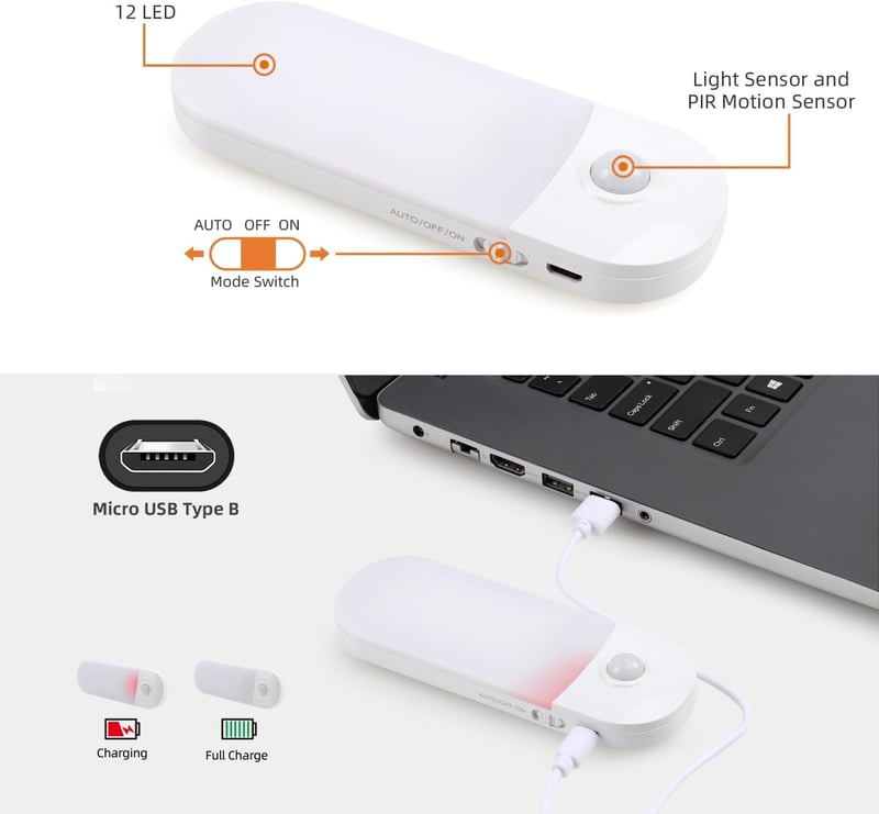 DA LIGHT LED mozgásérzékelős akkus éjjeli lámpa, 2db USB-s újratölthető szekrényvilágítás, 3000K meleg fehér