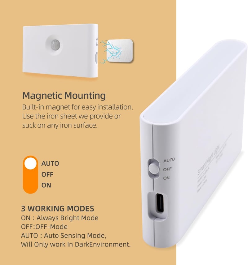da LIGHT LED Mozgásérzékelős Éjszakai Lámpa USB Töltős 2db Meleg Fehér