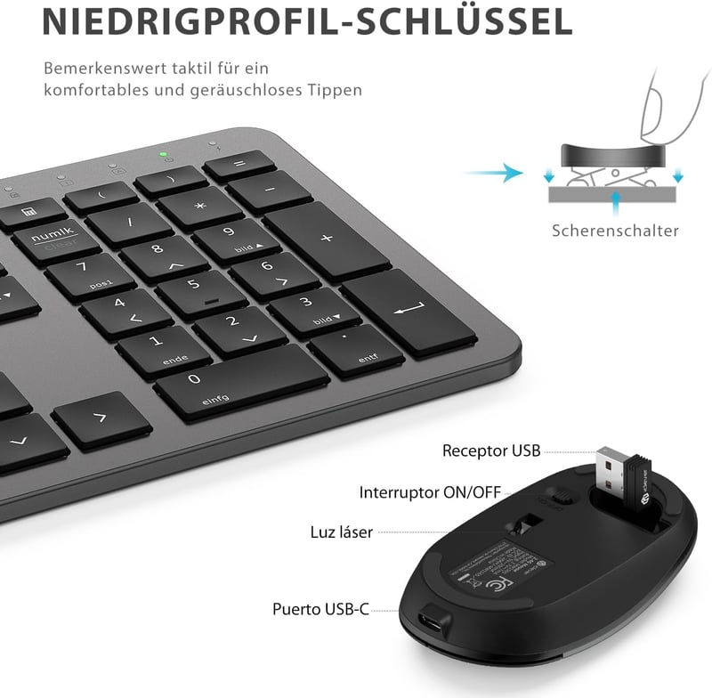 iClever Vezeték Nélküli Billentyűzet és Egér Szett - Újratölthető, Ultravékony, Csendes, QWERTZ Kiosztású PC/Laptop Billentyűzet, Szürke - grey