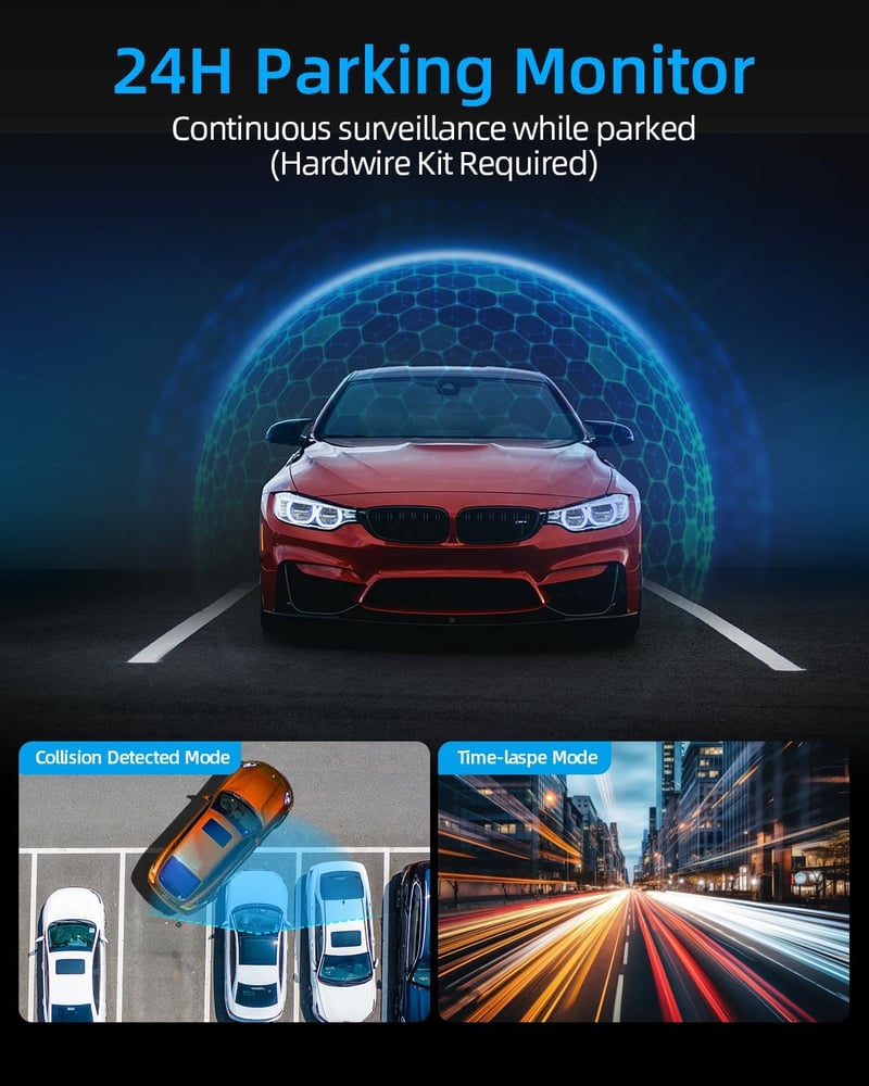 WeBeqer WiFi Autós Menetrögzítő Kamera 4K+1080P Felbontással, Első-Hátsó Kamera, 64GB SD Kártyával, 170°+140° Látószög, Éjjellátó, G-szenzor