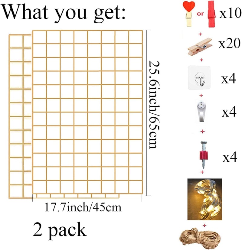 GBYAN Arany Fali Rácspanel Szett - 2db 65x45cm Fém Fotófal Dekoráció Világítással, Csipeszekkel és Akasztókkal - DIY Képtartó, Üzenőfal