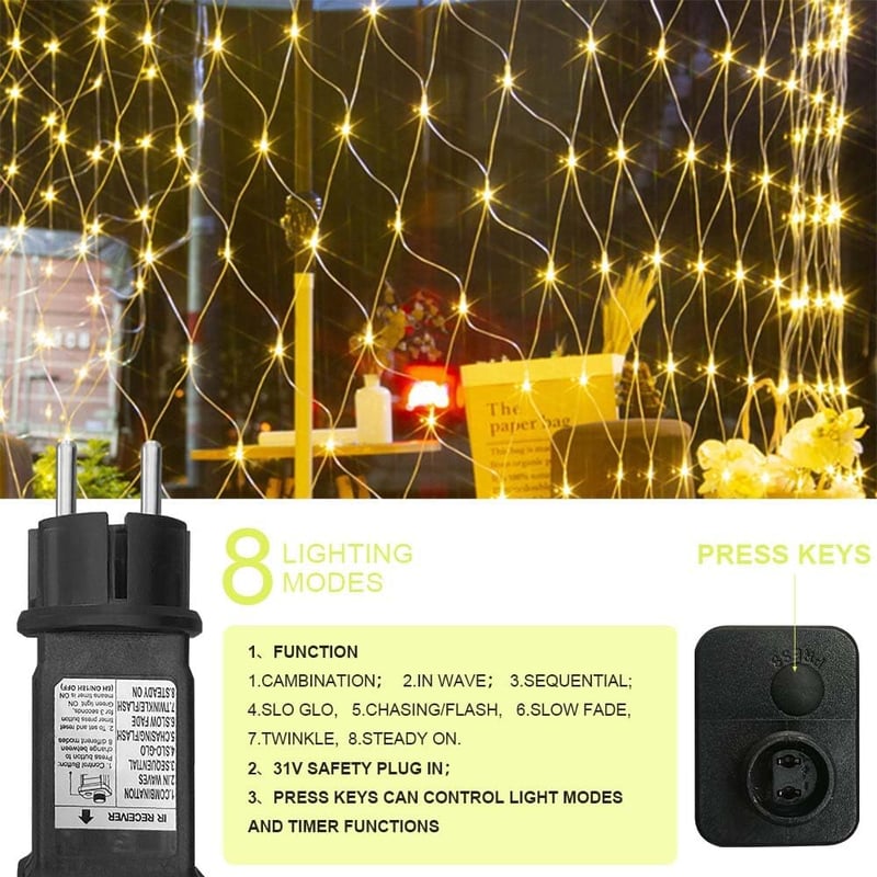 Liyade Kültéri Fényfüggöny 3x2m - 200 LED Meleg Fehér Világítás IP44 Vízálló - Távirányítós Időzítő 8 Üzemmóddal Kertbe, Bokrokra, Karácsony