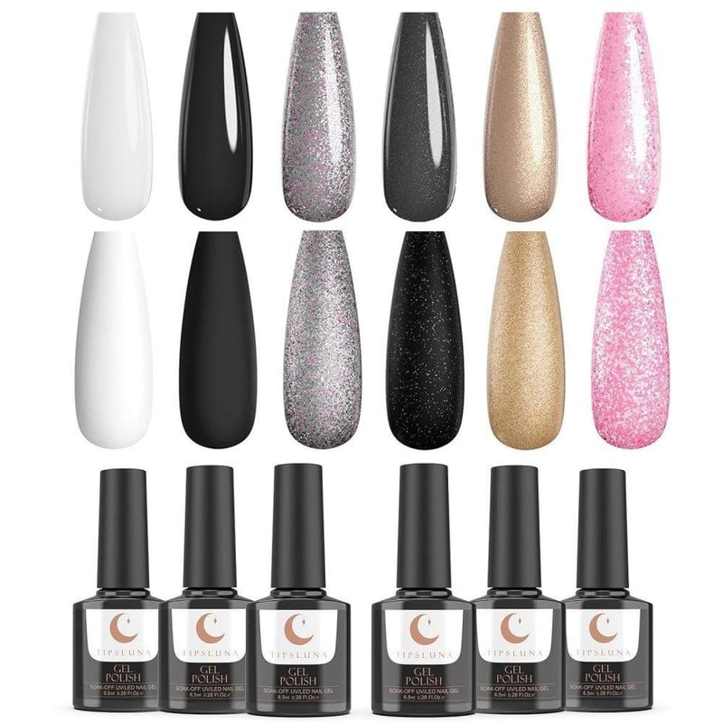 Delanie TipsLuna 6 Színű UV LED Gél Lakk Szett - Fekete, Fehér, Arany, Ezüst, Rózsaszín Glitter