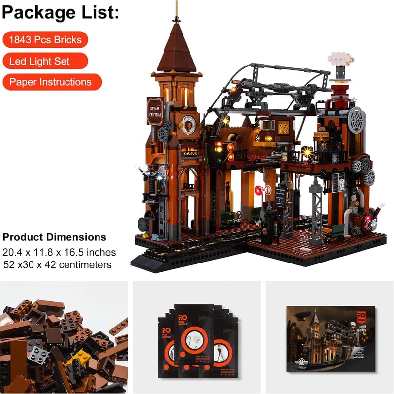 FUNWHOLE Steampunk Vasútállomás LED Világítással - 1843 Darabos Építőkészlet Felnőtteknek