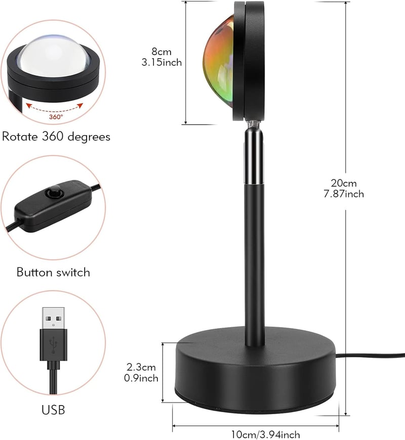 Forgatható LED Naplemente Hangulatfény USB Töltéssel - 360° Állítható