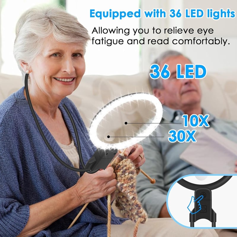 Ntrjtrss Kéz Nélküli Nagyító Lámpa - 36 LED-es Olvasó Nagyító USB Töltéssel, 10X-30X Nagyítás, Flexibilis Nyakkal, 3 Üzemmód, Időseknek, Jav