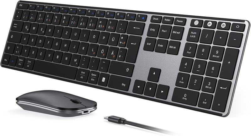seenda Fém Bluetooth Billentyűzet és Egér Szett - Újratölthető, Kettős Üzemmódú (USB+BT), Ultravékony, Csendes, QWERTZ Kiosztású, PC/Tablet/