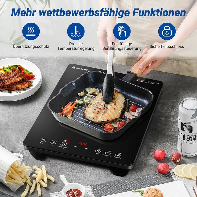 AMZCHEF Egyzónás Indukciós Főzőlap 3500W - Dupla Körös, 9 Fokozatú, Fekete Üvegkerámia, Időzítővel és Túlmelegedés Elleni Védelemmel