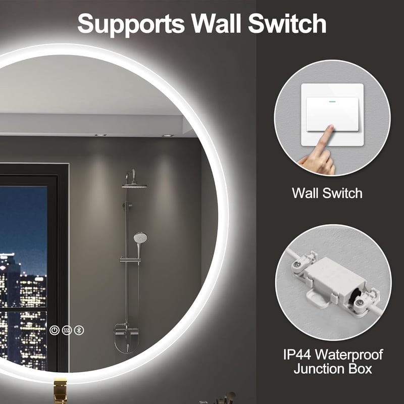 S'bagno 60 cm Kerek LED Fürdőszobai Tükör - Érintésérzékelős, Fényerőszabályozós, Színváltós Világítással és Bluetooth Hangszóróval