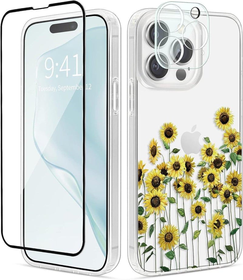iPhone 14 Pro Max Átlátszó Napraforgós Szilikon Tok Fóliákkal
