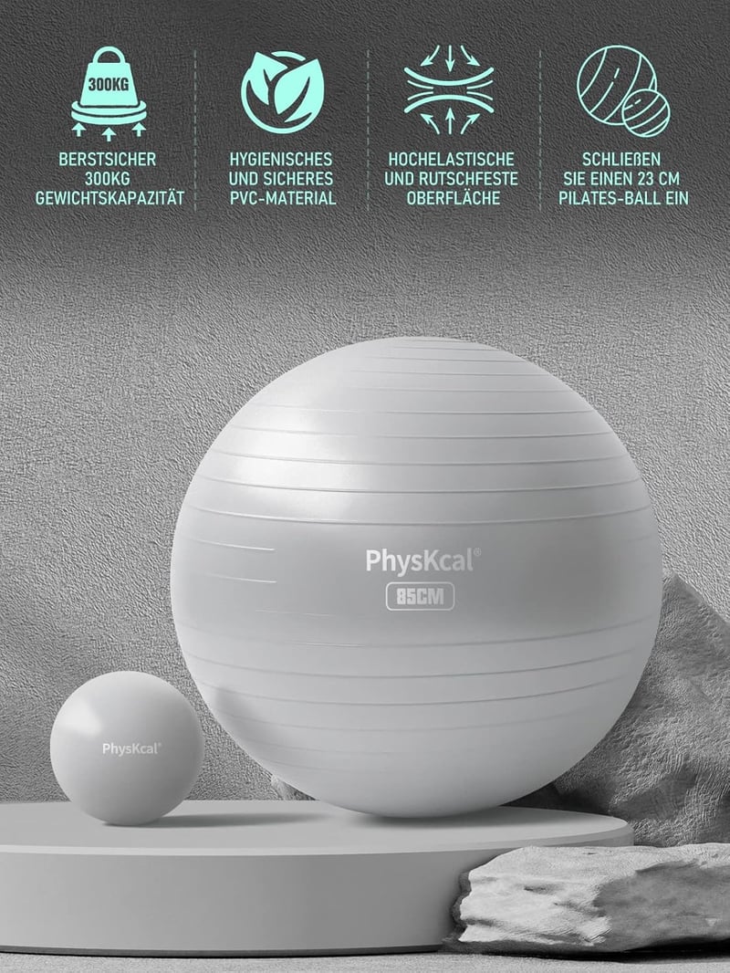 PhysKcal Fenyőzöld Fitness Labda Szett - 55 cm Tornalabda és 23 cm Pilates Labda, Csúszásgátló Ülőlabda Otthoni Edzéshez, Irodába és Jógához