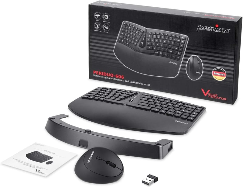 Perixx Periduo-606 Ergonomikus Vezeték Nélküli Billentyűzet QWERTZ és Vertikális Egér Szett - Osztott Billentyűzet, 4-Irányú Görgő, Állítható Csukl