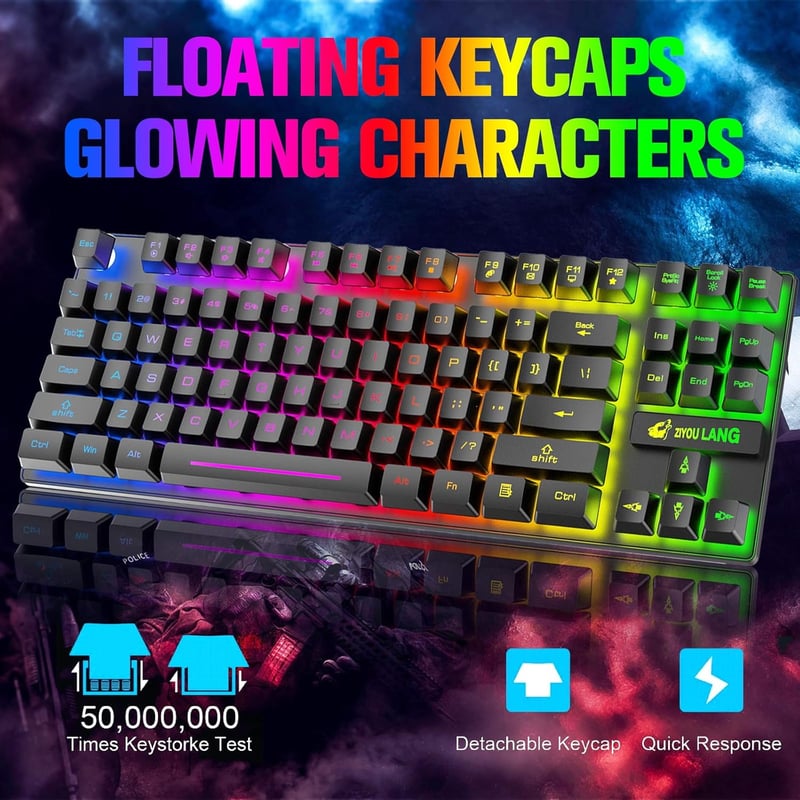LexonElec Vezeték Nélküli Gaming Billentyűzet és Egér Szett, 87 Gombos RGB LED Háttérvilágítás, 3800mAh Akkumulátor, Fekete