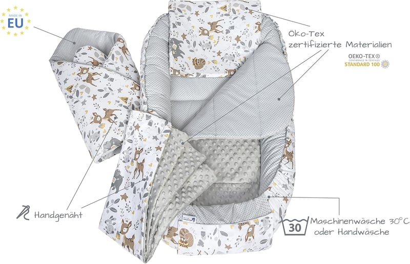 Medi Partners 5 Részes Babafészek Szett 100x60x15 cm - Kivehető Betét, Mászótakaró, Újszülött Baba Fészek 100% Pamut, Szarvas Mintás Szürke 
