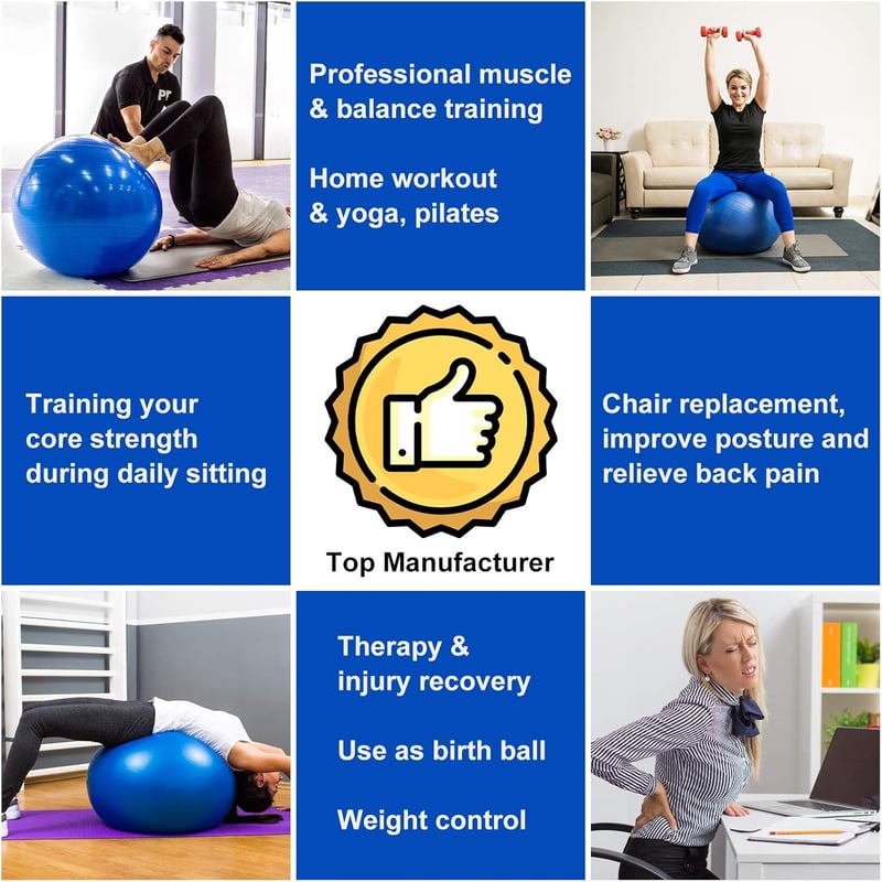 Flintronic 65cm-es kék fitneszlabda - Pilates, terhestorna, ülőlabda, egyensúlyozás (pumpával, használati útmutatóval)