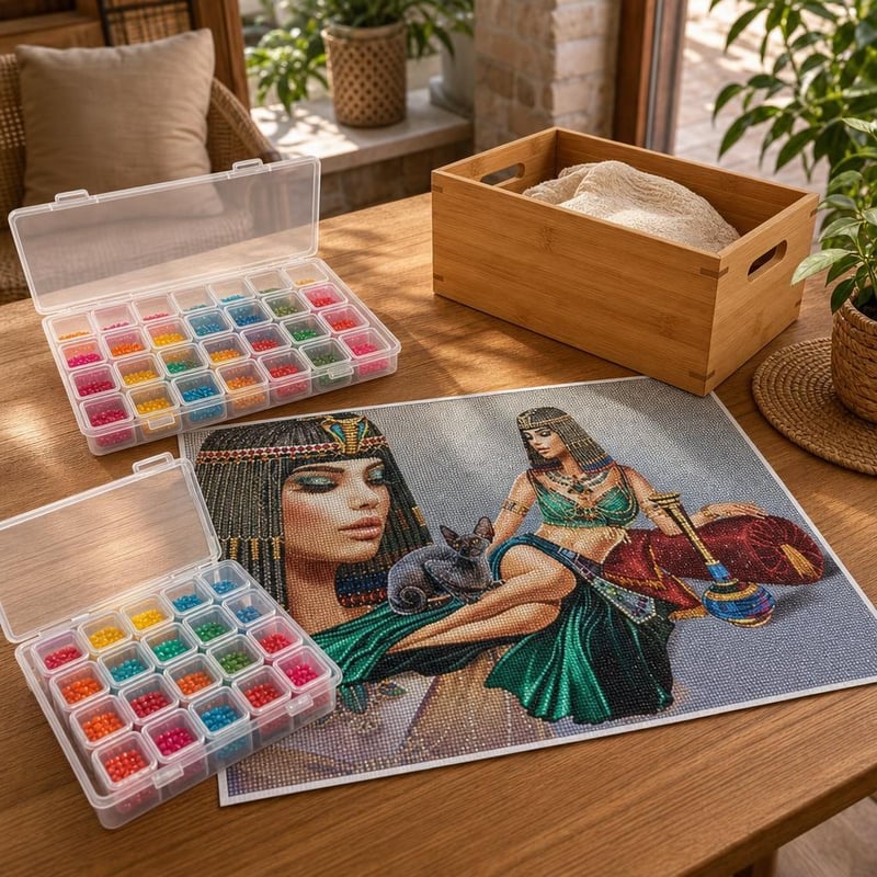 Sada na diamantové maľovanie: 1x obraz 50x40 cm + 2x organizér 28 priehradiek + 1x bambusový box