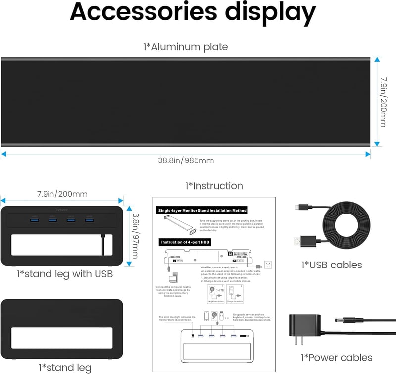 VAYDEER Alumínium Dupla Monitortartó 4 USB Porttal, Fém Monitorállvány 32 Colig, PC és Laptop Támasz Beépített USB Hubbal - Fekete