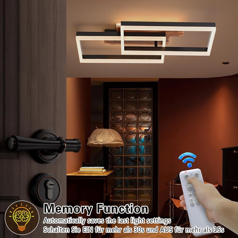 SEATAIN Fa Mennyezeti Lámpa - Fekete Téglalap 48W LED, Távirányítós, Fényerőszabályozható, 3000K-6000K, 4800lm, Éjszakai Fény Funkcióval