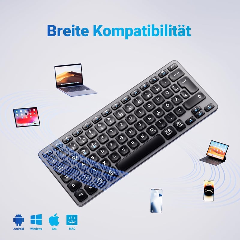 iClever Bluetooth Billentyűzet, Vezeték Nélküli Német QWERTZ Kiosztás, Újratölthető, 3 Eszköz Közötti Váltás, MacBook Pro/Air, iMac Kompatib