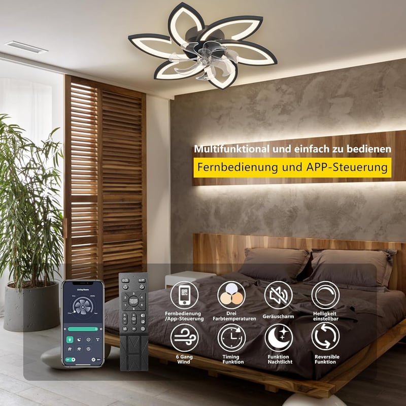 Revneey LED Mennyezeti Ventilátor Lámpával - 66W Szabályozható Fényerő, 3000-6000K, 6 Fejes, Csendes, Fekete, Távirányítós, Nappali és Hálós