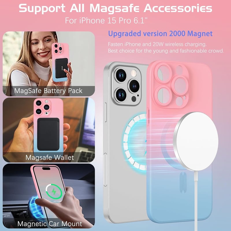 iPhone 15 Pro Max MagSafe Mágneses Tok - Rózsaszín-Kék Színátmenetes Védőtok Nőknek