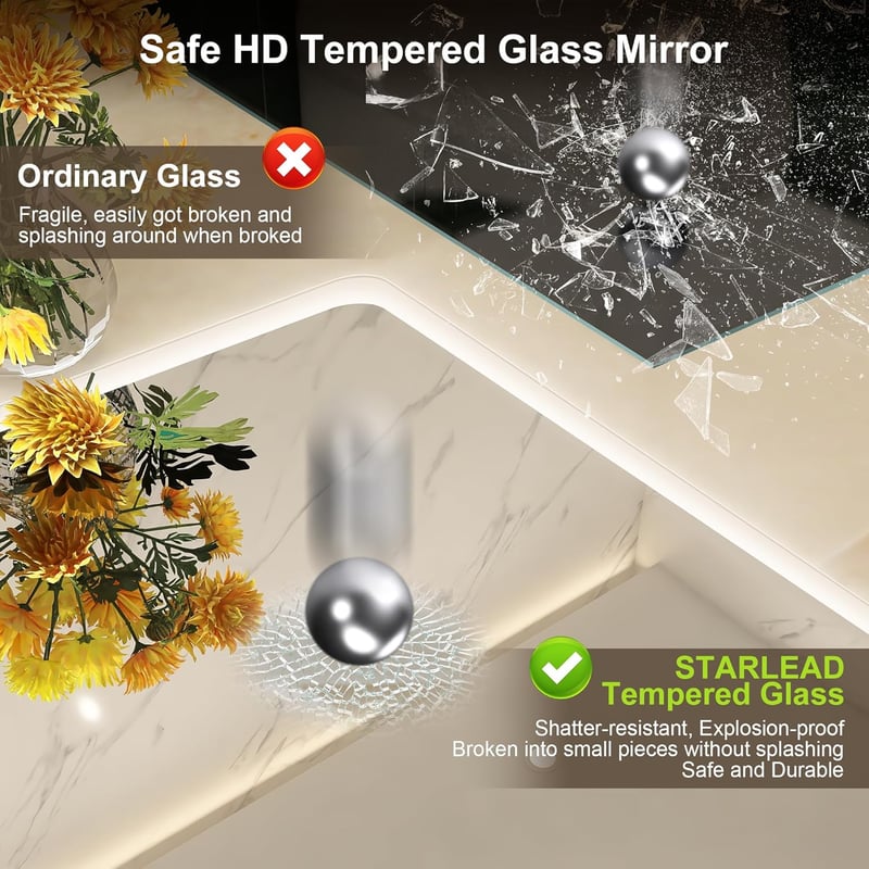 STARLEAD Fürdőszobai Tükör 100x70 cm - Bluetooth Hangszóróval, Páramentesítő, Fényerőszabályzó, 3 Színhőmérséklet, Edzett Üveg, Vízálló IP44