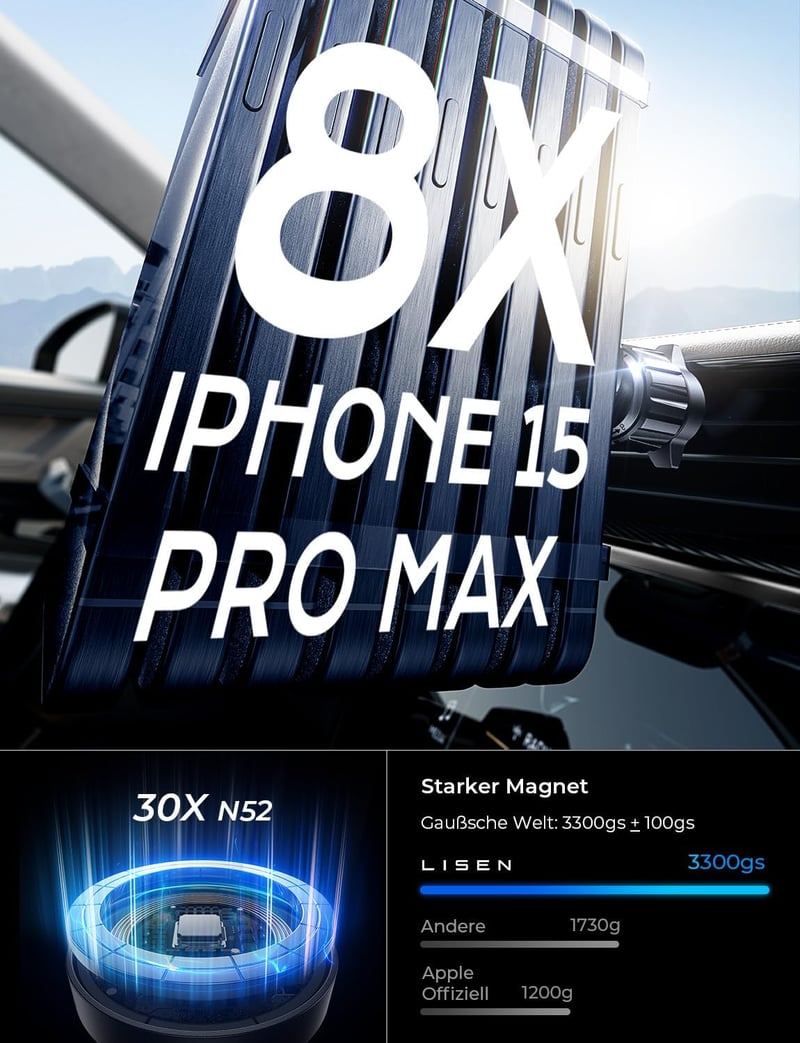 LISEN MagSafe Autós Telefontartó 15W Vezeték Nélküli Gyorstöltővel - iPhone 15/14/13/12 és Samsung Kompatibilis, Szellőzőrácsra Rögzíthető, 