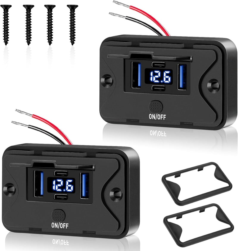 Daakro 12 V vízálló 4 portos USB aljzat QC3.0 + PD3.0, falra szerelhető, csónakhoz - 2 db