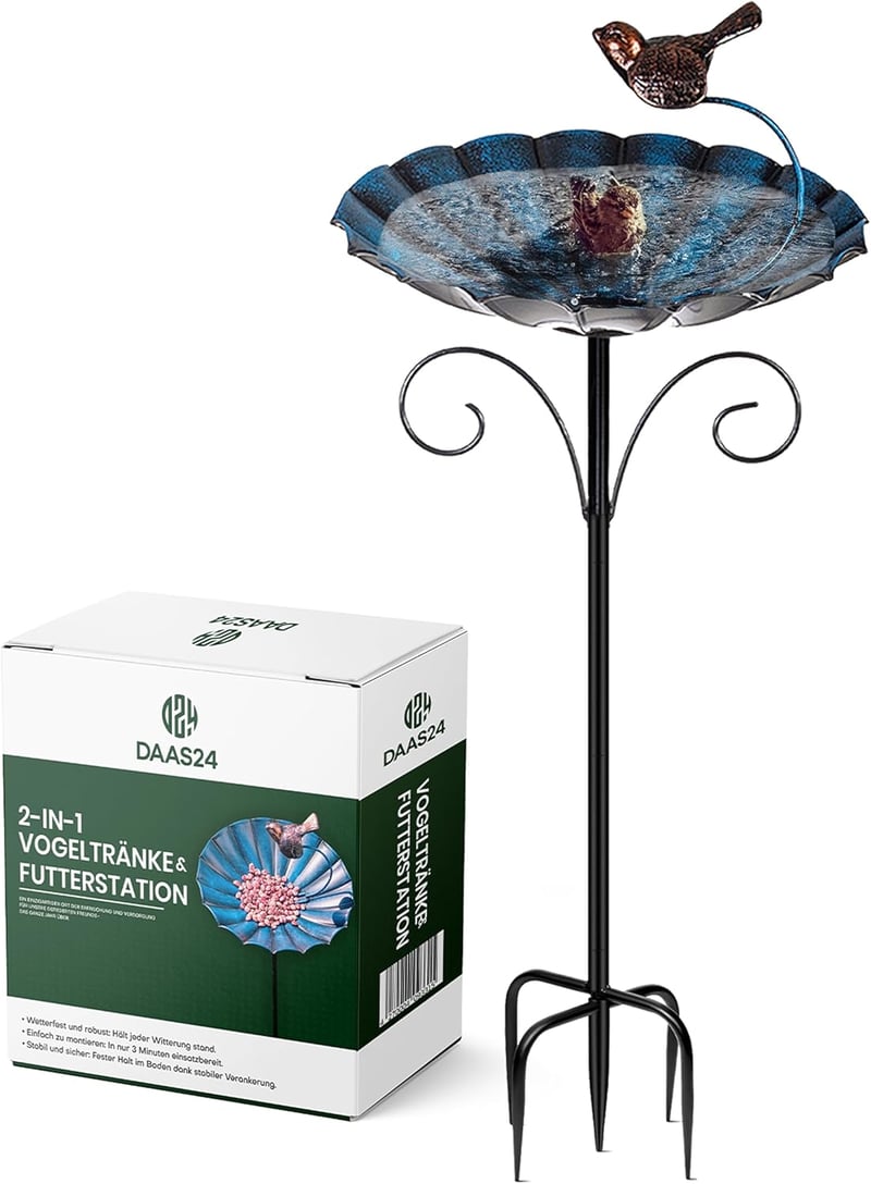 DAAS24 2 az 1-ben madárfürdő és etetőállomás, 26 cm tál, 83 cm állvánnyal, téli használatra