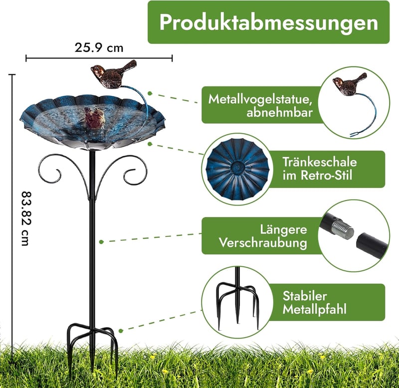 DAAS24 2 az 1-ben madárfürdő és etetőállomás, 26 cm tál, 83 cm állvánnyal, téli használatra