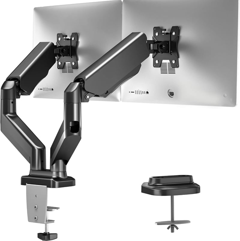 BONTEC Dupla Monitortartó Kar 13-27 Colos LED LCD Képernyőkhöz, Gázrugós, Állítható, Forgatható VESA Konzol, C-Bilinccsel, 6,5 kg Teherbírás