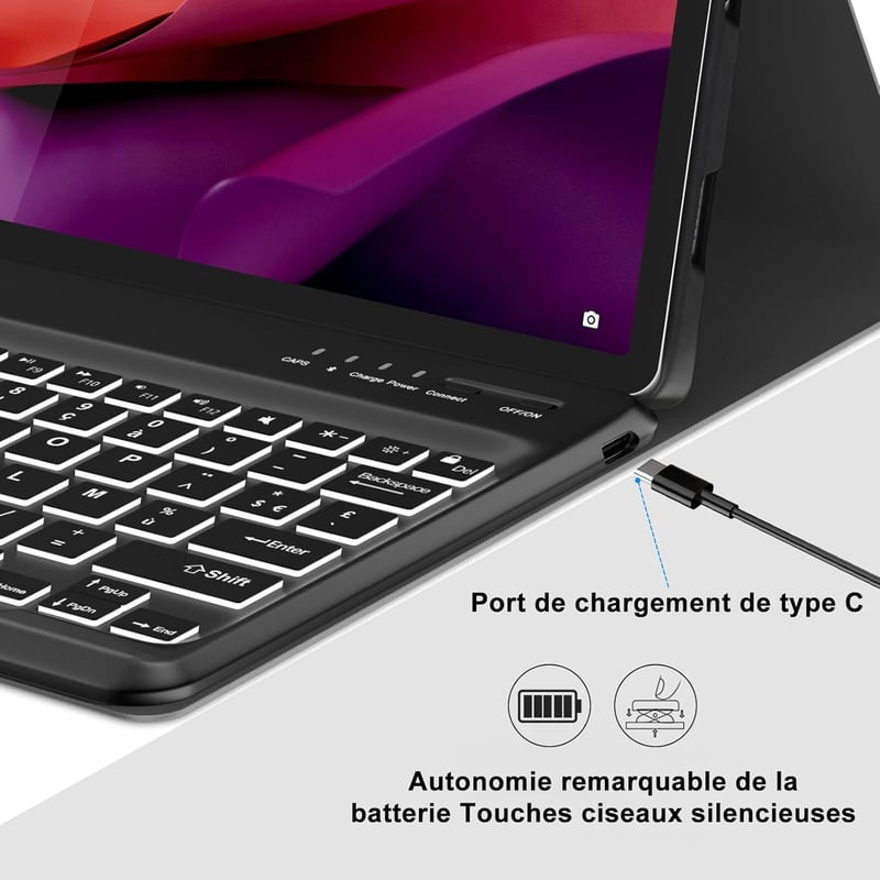 FARYODI billentyűzet Lenovo Tab P12 12.7 hüvelykes (2023) táblagéphez – 7 színű háttérvilágítással, levehető vezeték nélküli Bluetooth billentyűzet francia AZERTY kiosztással, fekete – kompatibilis a Lenovo Tab P12 12.7" 3K (TB371FC)