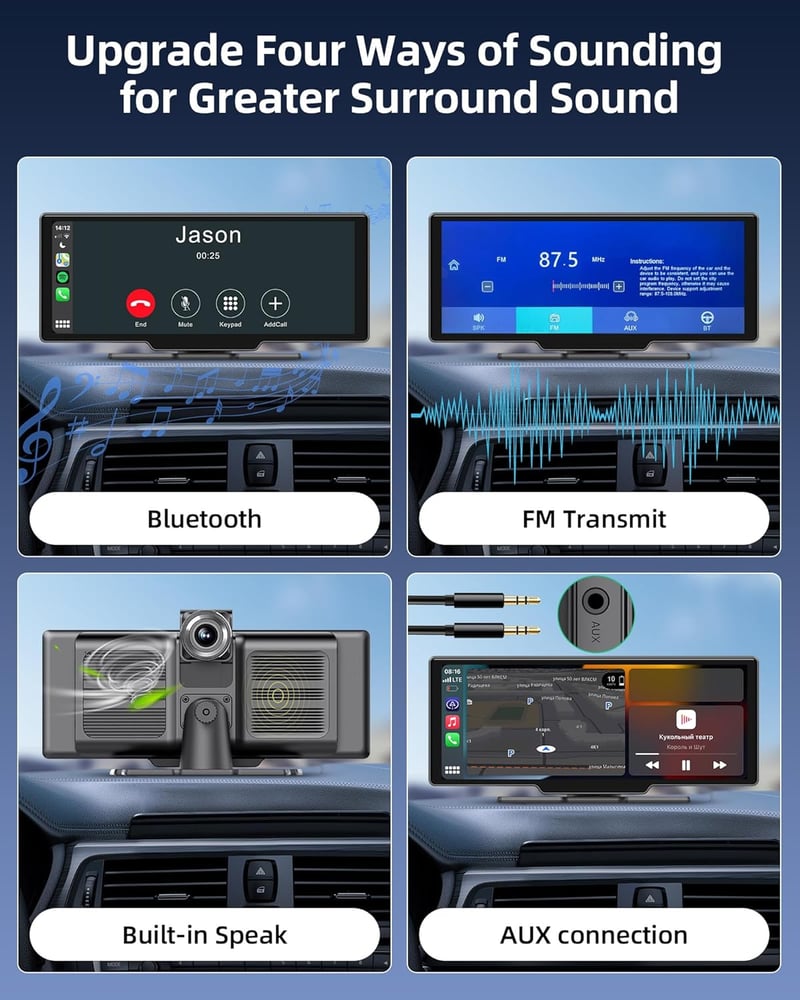 Jansite 10,26" Vezeték Nélküli CarPlay Android Autós Kijelző 2.5K Fedélzeti Kamerával, Tolatókamerával, Bluetooth, Mirror Link, 64GB TF Kárt