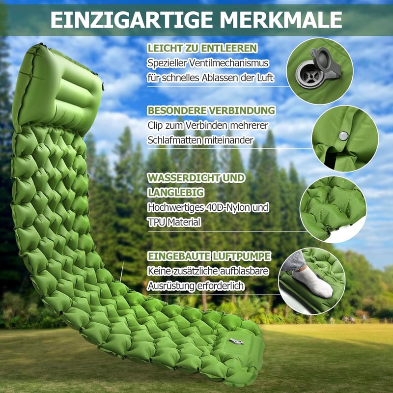 Amtake Önfelfújó Kempingmatrac 10 cm - Vízálló, Ultrakönnyű Hálózsák Alátét Beépített Lábpumpával - Túrázáshoz, Kempingezéshez, Strandolásho