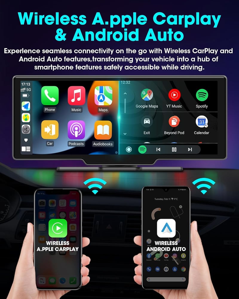 Jansite 10.26" Vezeték Nélküli CarPlay Android Autós Kijelző Érintőképernyővel, Tolatókamerával, Bluetooth, Mirror Link, Siri, AUX, FM Rádió