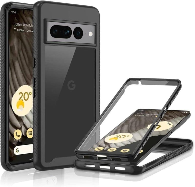 Google Pixel 7 Pro Ütésálló Átlátszó Tok Beépített Képernyővédővel - Fekete