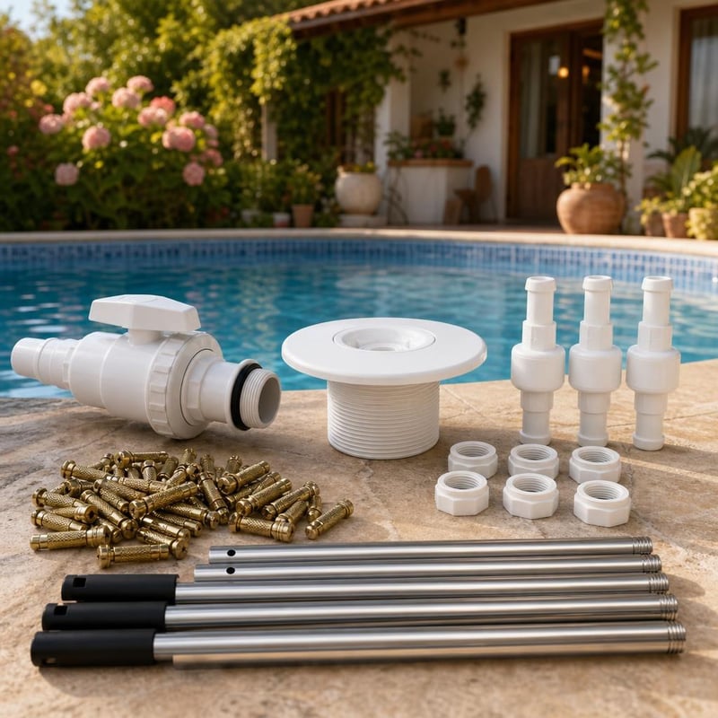 Pachet întreținere piscină: 1x valvă skimmer + 1x duză SPA + 3x articulații + 50x șuruburi + tijă