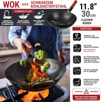 YOSUKATA 30 cm Karbonacél Wok Serpenyő - Előégetett Lapos Aljú Kínai Edény Indukciós, Gáz, Elektromos Főzőlaphoz és Grillhez - Autentikus Áz 3