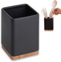 KOOK TIME Kerámia Konyhai Eszköztartó - Fekete Evőeszköz Tároló Bambusz Fedéllel - Négyzetes Konyhai Kellék Szervező 10,5 x 15 cm 1