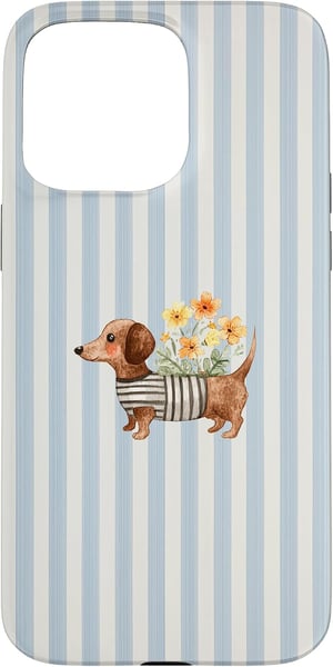 Dachshund Floral Wiener Stripes maskica za iPhone 15 Pro Max sa slatkim uzorkom jazavčara, cvijeća i plavih pruga za ljubitelje pasa