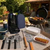 Grillparti szabadtéren: 125 db papírtálca + kihúzható grillvilla + 5 az 1-ben grillspatula + 33 részes 1