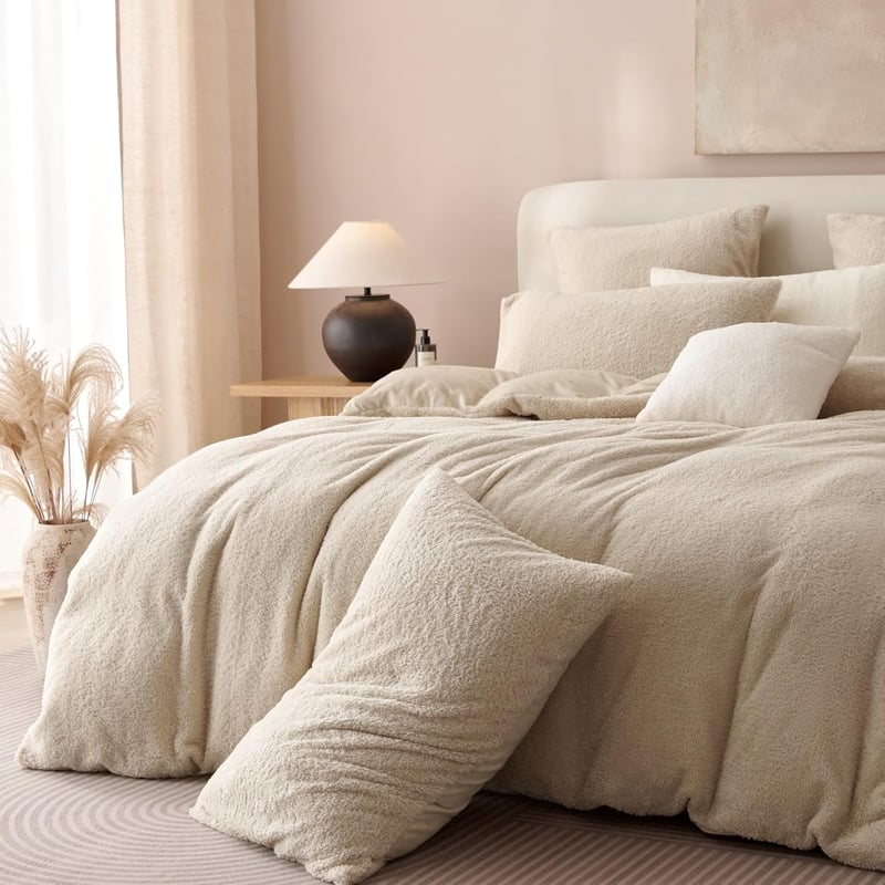 Tospass Plüss Ágynemű 200x200 cm Bézs Teddy Fleece Mikroszálas Huzat Cipzárral - Puha Téli Garnitúra 2 db 80x80 cm Párnahuzattal - Cashmere 