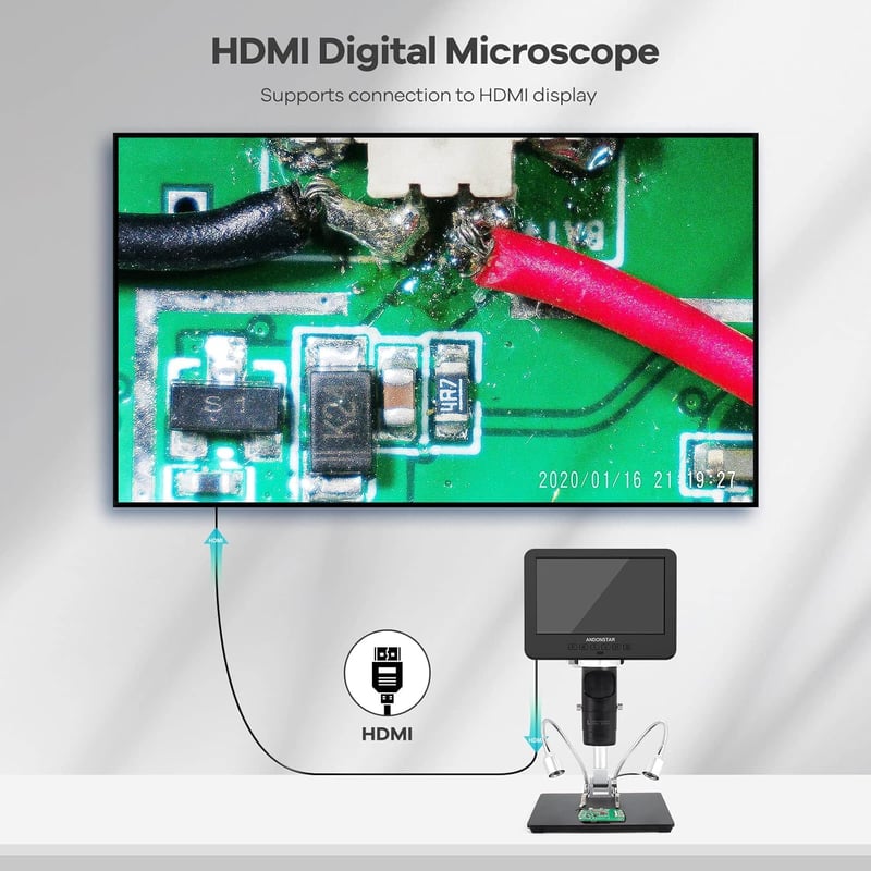 Andonstar AD246S-M HDMI Digitális Mikroszkóp 2000x Nagyítással, 3 Lencsés 2160P UHD Felvétellel, 7" LCD Kijelzővel, Forrasztáshoz, Elektroni