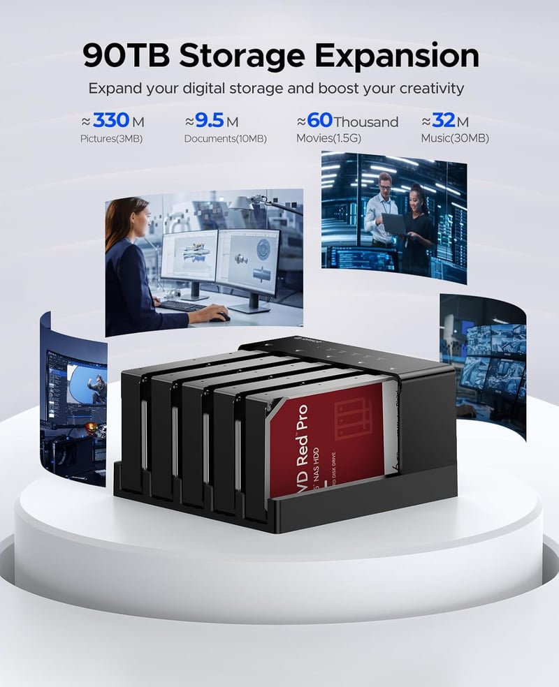 ORICO 5-Bay 6558US3-C Merevlemez Dokkoló - 90TB Tárhely, USB 3.0, Offline Klónozás, 230MB/s, Windows/Mac/Linux Kompatibilis, Fekete