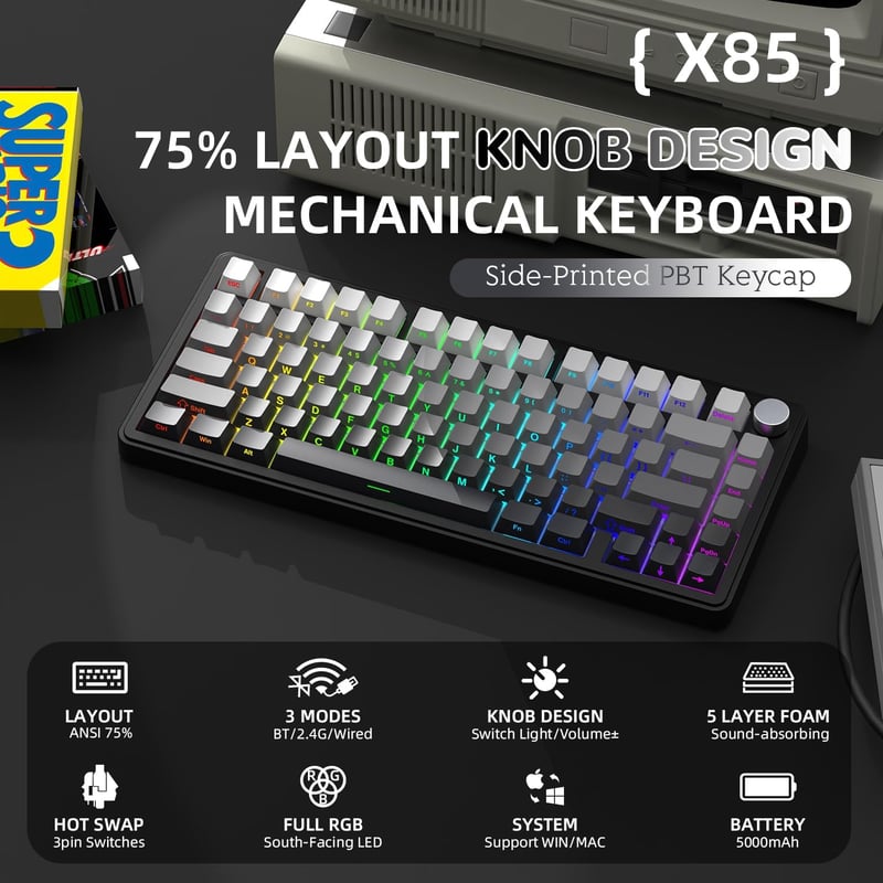 AJAZZ x Attack Shark X85 Mechanikus Gamer Billentyűzet, 75% Vezeték Nélküli, 5 Rétegű Hangtompítás, PBT Billentyűk, RGB, Hot-Swap, PC/Mac