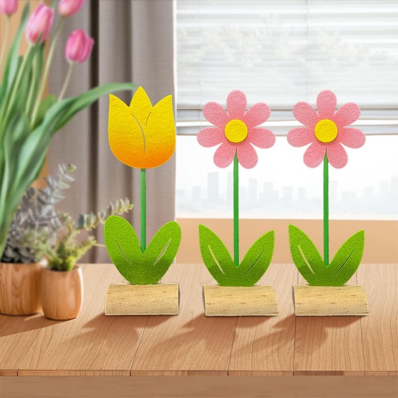Húsvéti fa dekoráció filc tulipánokkal - 3 db-os kerti asztaldísz szett