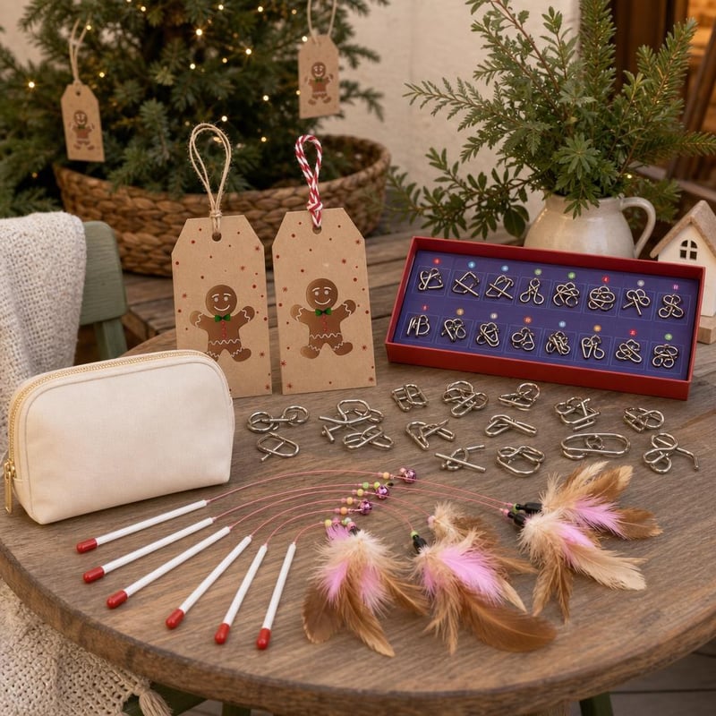 Adventi cicavarázs: 24 napos drótnaptár + 100 db kraft címke + 6 db tollas játék + neszeszer