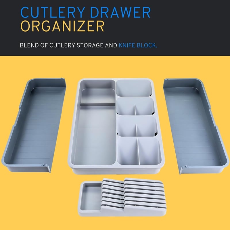 DAFFODILY Bővíthető Evőeszköz Szervező Fiókba, Kés Tartóval, 14 Kés Tárolásához - Tray + Knife Block