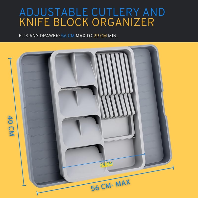 DAFFODILY Bővíthető Evőeszköz Szervező Fiókba, Kés Tartóval, 14 Kés Tárolásához - Tray + Knife Block
